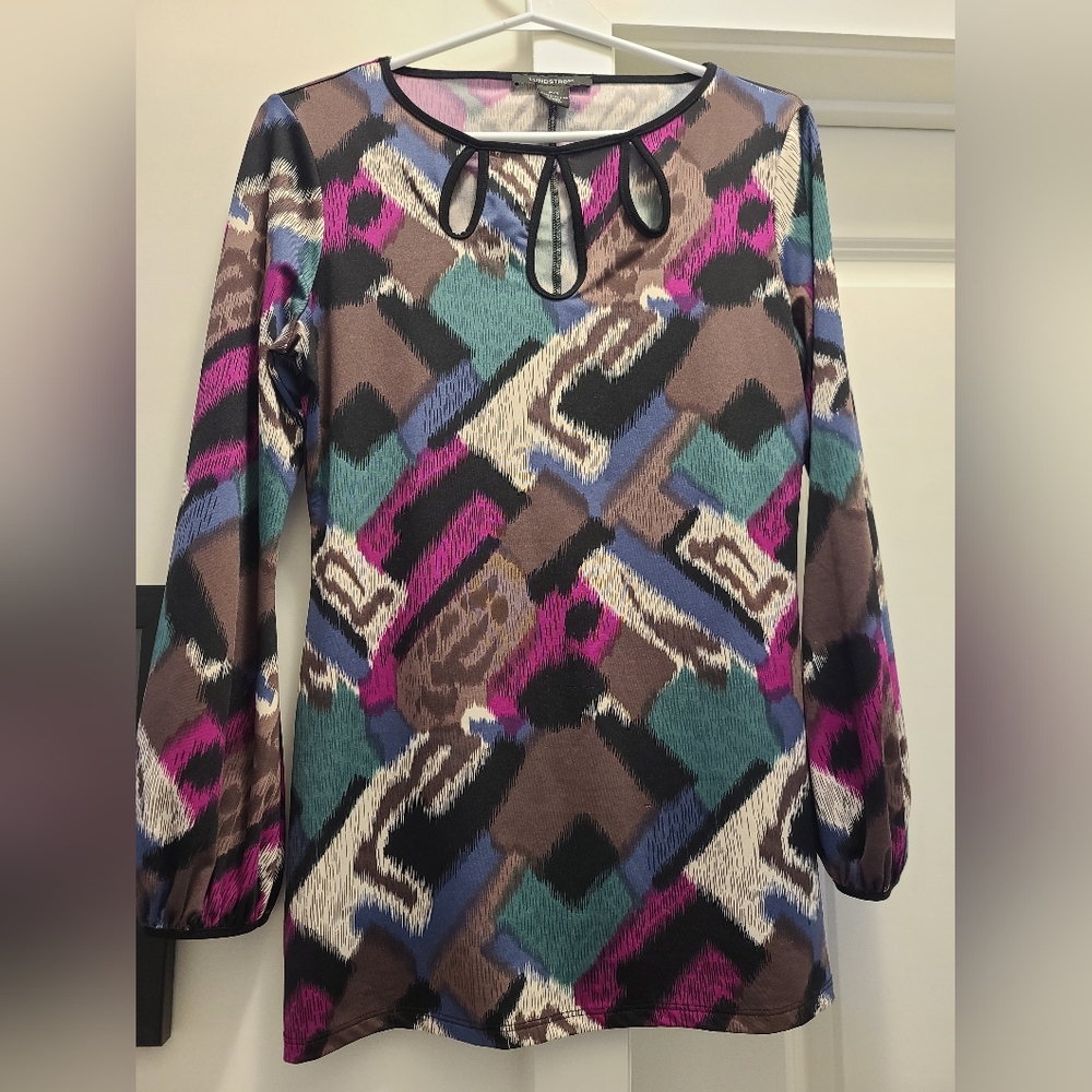 Graphic Pink and Green Long Sleeve Blouse with Cut Outs
